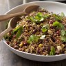 Quinoa and red rice salad with spicy cauliflower and black lentils.