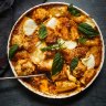 Cauliflower and pastaÂ parmigiana bake. Meatball traybake recipes for Good Food May 2019. Please credit Katrina Meynink. Good Food use only.