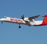 A SpiceJet Bombardier Q400. This aircraft was developed from the de Havilland Canada Dash 8. SpiceJet has 23 of them in its fleet.