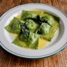 Nettle, buffalo ricotta and pine mushroom ravioli with sage butter at La Cantina.