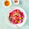 Back to the roots bowl with baby beetroot, millet and chilli herb dressing.