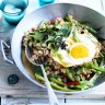 Stir-fried minced pork with chillies, Thai basil and egg.