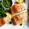 Roast salmon with macadamia and rocket pesto.