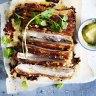 Adam Liaw's quick roast pork belly served with sour applesauce.