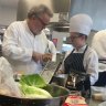 Chef Alain Passard and sous chef Manon Poisbeau teaching TAFE students in Tasmania.