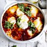 Baked eggs with spicy sausage and labna.