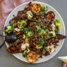 Roasted sweet potato and brussels sprouts.