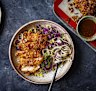 Crispy chicken with honey miso chilli dressing and messy noodle salad. 