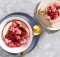 Poached rhubarb, raspberries, yoghurt and rose granita.