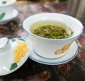 Steeping longjing tea at the traditional teahouse in Wenshu Temple, Chengdu, China.