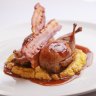 Sage-stuffed quail with bacon and jus.