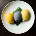 Three sorbets - charcoal coconut, mango lychee and yuzu passionfruit.