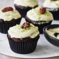 Beetroot red velvet muffins with lime cream cheese icing.