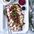 This salmon topped with tahini sauce, walnuts, mint and pomegranate is great warm or cold.