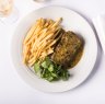 Grilled sirloin, cafe de paris butter and frites at Bistro Moncur, Woollahra.