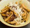 Macaroni with salami and mushroom ragu.