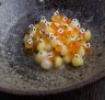 Potato spheres and salmon roe.