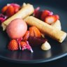 Pop of colour: Caramelised white chocolate, brik pastry and strawberry sorbet.