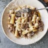 Creamy pasta with sausage.