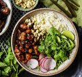 Rice bowls with caramelised pork sausage.