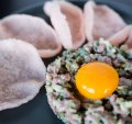 Habanero steak tartare with prawn crackers.