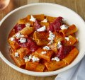 Go-to dish: Rigatoni with fermented chilli, piquillo peppers, black lime and marinated goat's cheese.