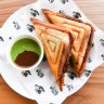 Paneer tikka jaffle with mint and tamarind chutney.