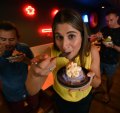 Simone Gervasi tasting the new taro flavoured Bingsu dessert at Scoopy Milk Bar.