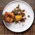 Steak tartare with oyster cream and Yorkshire pudding.