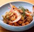 Tagliatelle with prawns and crayfish bisque.