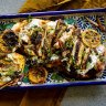 Flatbreads topped with chermoula marinated chicken, charred lemon, dates and tzatziki.