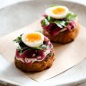 Go-to dish: Falafel crumpet with parsley and quail egg. 