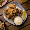 Karaage with side of fried chicken skin at Benchwarmer, North Melbourne. 