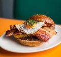 Matinee's breakfast burger with thick bourbon bacon.