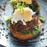 Bluestone Benedict: Roti piled with braised beef cheek, kale, poached egg and hollandaise.