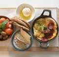 The big Lebanese breakfast with scrambled eggs, sausage, halloumi and more.