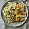 Crumbed chicken with herb and garlic butter pasta. 