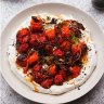 Hot charred cherry tomatoes with cold yoghurt from Yotam Ottolenghi's latest cookbook, Simple.