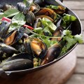 Mussels with green garlic, coriander, kaffir lime and coconut milk.