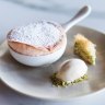 Turkish delight souffle with pistachio baklava and halva ice-cream.
