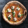 Capitanata pizza topped with yellow passata, slow-cooked onion and burrata.