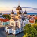 Alexander Nevsky cathedral and St Mary's Cathedral at sunset in Tallinn, Estonia.