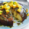 Refreshing and fruity: passionfruit syrup cake with mango salsa.
