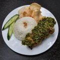 Ayam cabe ijo - fried chicken with spicy green chilli relish.