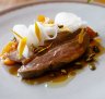 Duck breast, confit cumquat, roast pumpkin, and fermented daikon at two-hatted Aubergine.