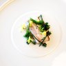 Butter-poached pork belly, hay and broccoli.