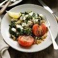 Greek spinach rice with roast tomatoes and feta.