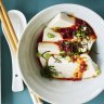 Chilled silken tofu dressed with ginger and crispy chilli sauce.