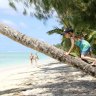 Ella climbs a palm tree with a friend.