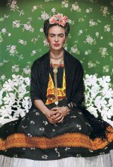 Frida Kahlo on white bench 1938 carbon print, 45.5 x 36 cm. The Jacques and Natasha Gelman Collection of Mexican Art, Nickolas Muray Photo Archives.